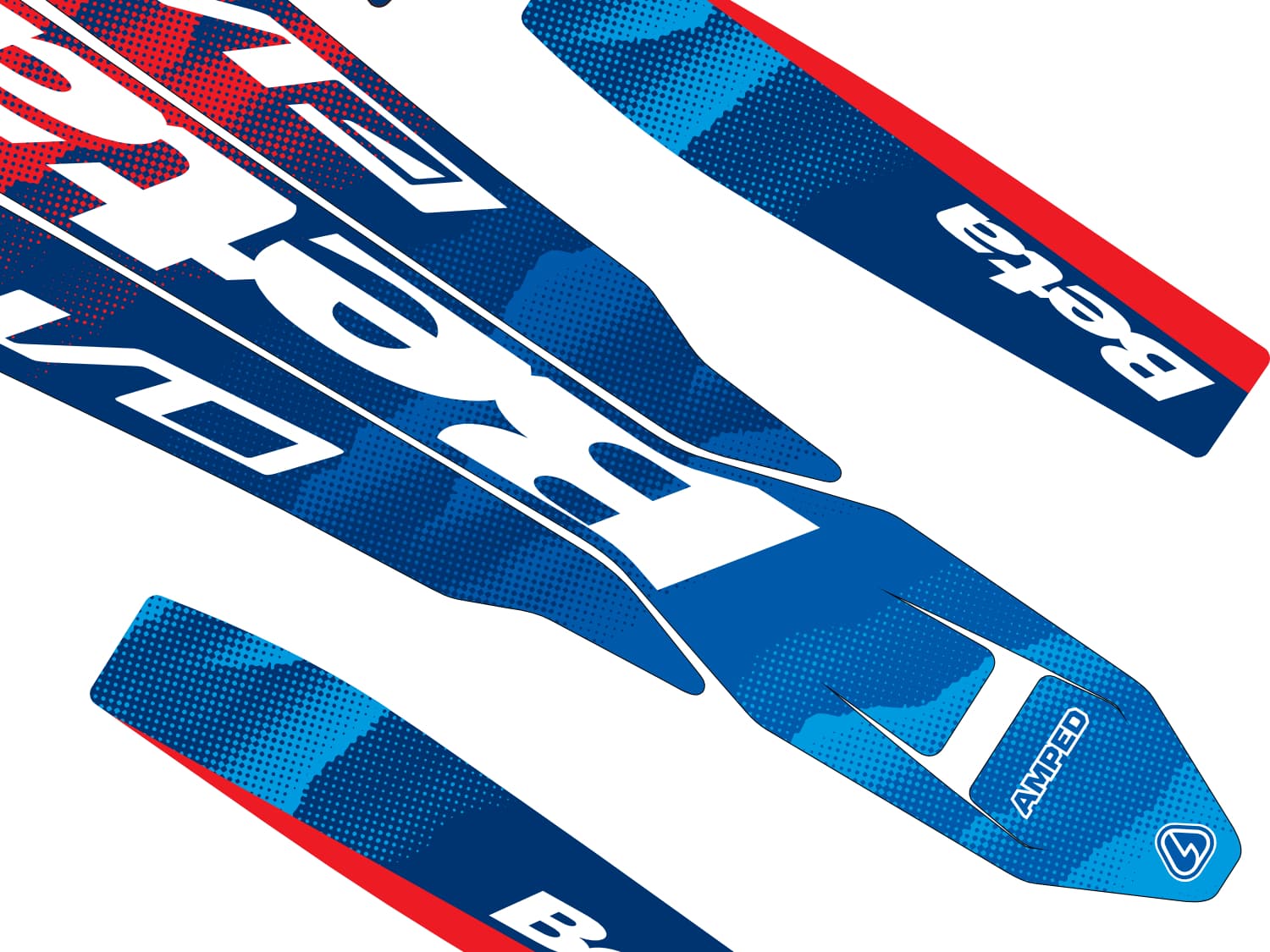Amped Coastal Beta Evo Trials Graphics - Blue Red Close Up